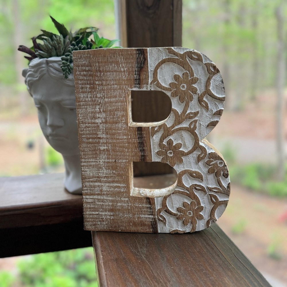 Wooden farmhouse “ M “ Cream Color with carved details;